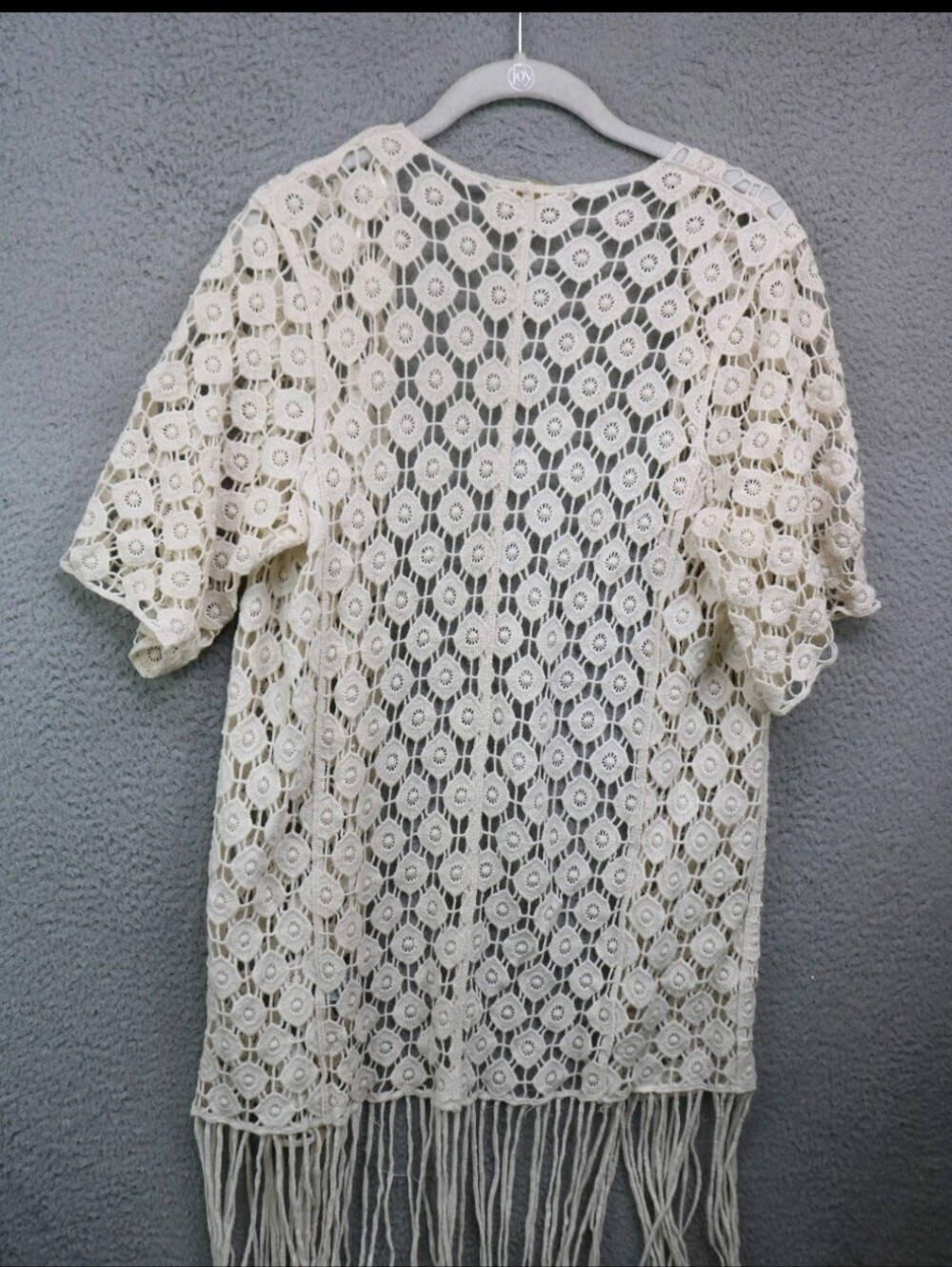 100% Cotton Rebellious One Cream Crochet Fringe Kimono Cardigan Boho Festival - Picture 6 of 6